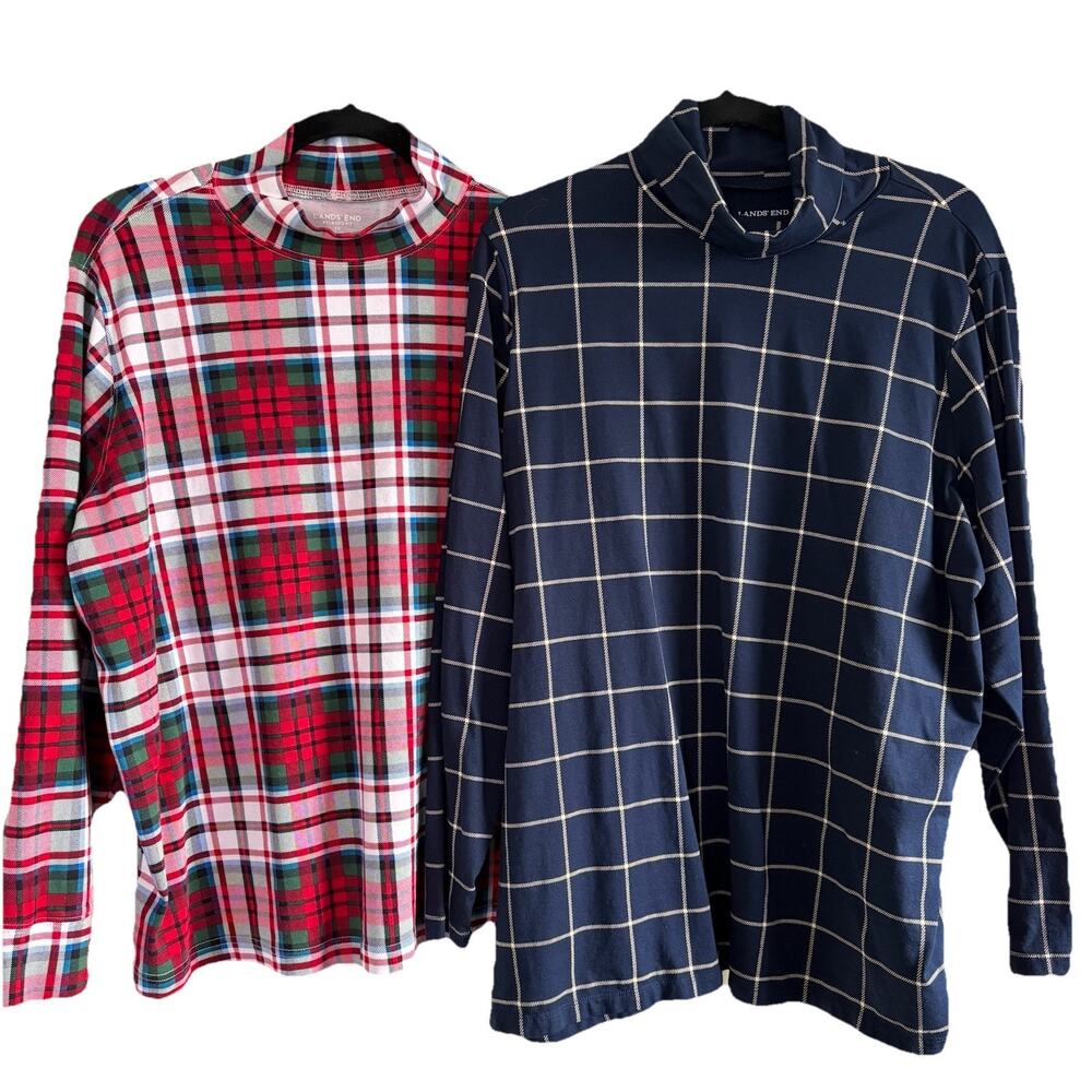 Set of 2 Lands’ End Turtleneck Shirts Red Plaid & Navy Blue Windowpane Size 2X